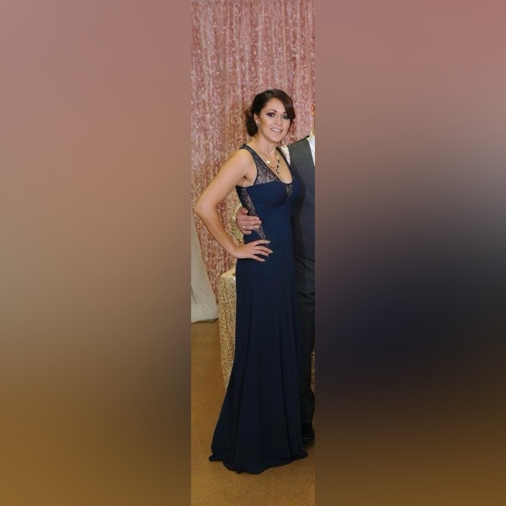 Bcbg navy blue chiffon wedding guest dress.